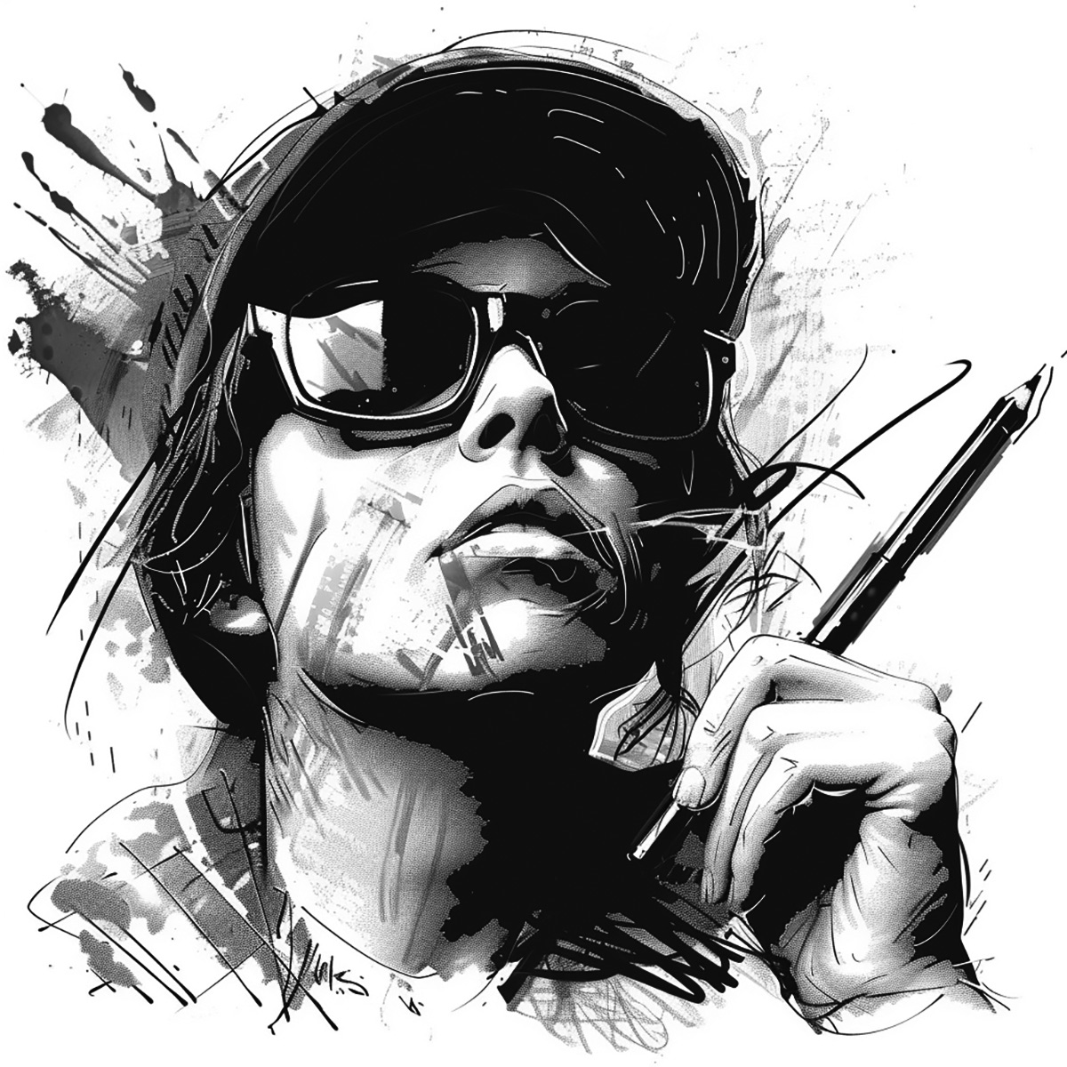 Grafikdesigner als Schwarz-Weiß-Zeichnung einer männlichen Person mit Hut und Sonnenbrille