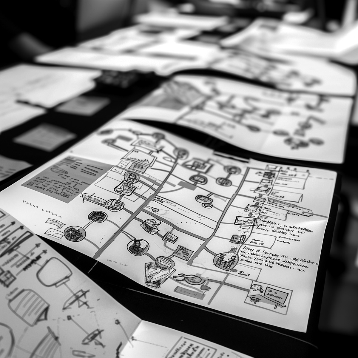 Vereinswebsite - Schwarzweißfoto von einem Arbeitsplatz mit Skizzenblättern im Sketchnotestil